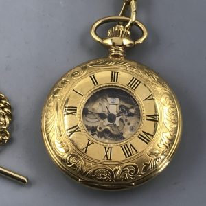 Swiss Gold-Plated Pocket Watch by Everite with Roman Numerals & Chain