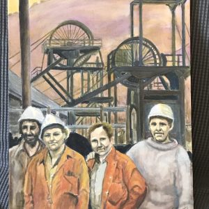 Oil on Canvas Painting of Welsh Coal Miners and Winding Gear – Signed C. Williams