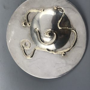 Sterling Silver Modernist Brooch – Large Hammered Disc with Abstract Wirework