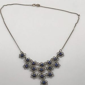 Vintage Silver Necklace with Blue Stones – Floral Drop Design