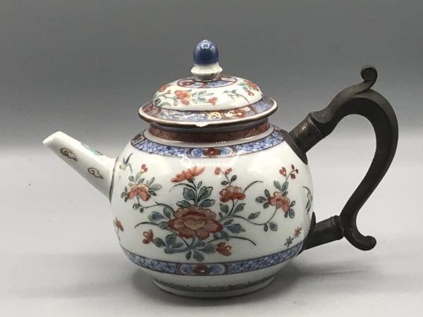 18th century Kangxi period Chinese porcelain globular teapot with famille verte floral decoration and later metal handle, 7.5 inches long