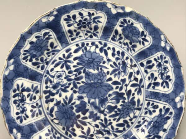 Close-up of Kangxi Chinese porcelain plate, 18th century blue and white floral panel design