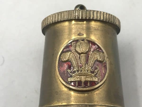 Close-up of Prince of Wales feathers emblem on 1981 royal wedding brass commemorative miner’s lamp