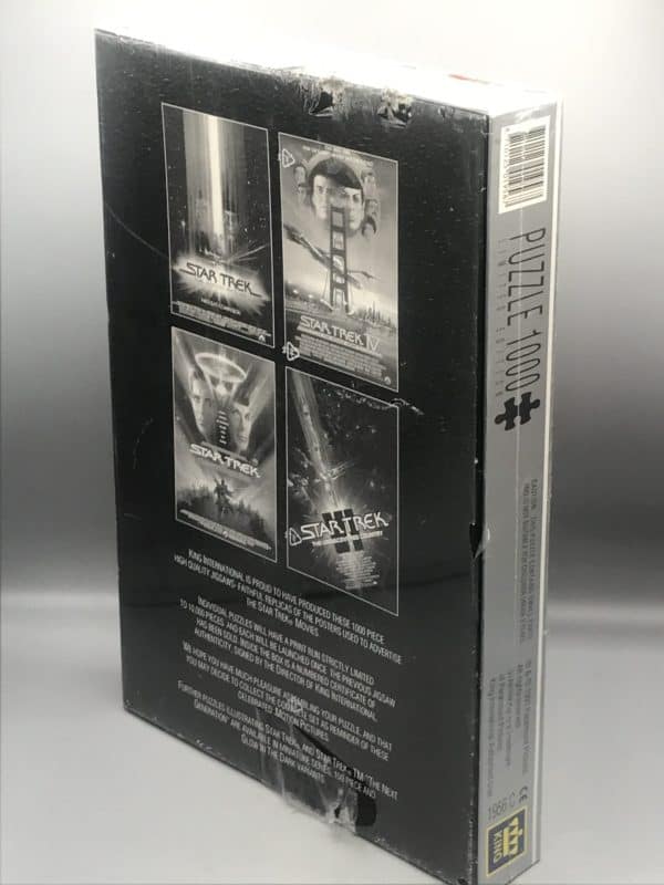Back view of the 1993 Star Trek V The Final Frontier limited edition 1000-piece puzzle by King International, factory sealed with shrink wrap showing some small tears, box size 15 by 11 inches