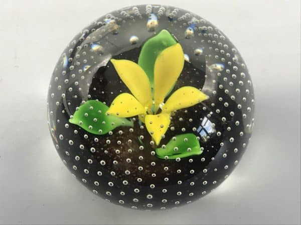 Close-up of Caithness “Flower in Rain” lampwork paperweight with yellow flower and controlled bubbles