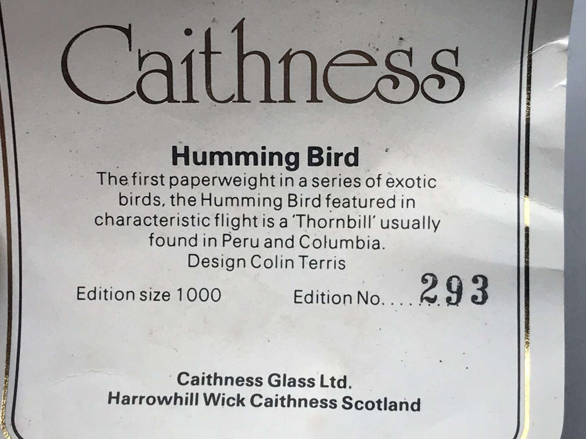 Certificate of authenticity for Caithness Glass hummingbird paperweight, limited edition number 293 of 1000
