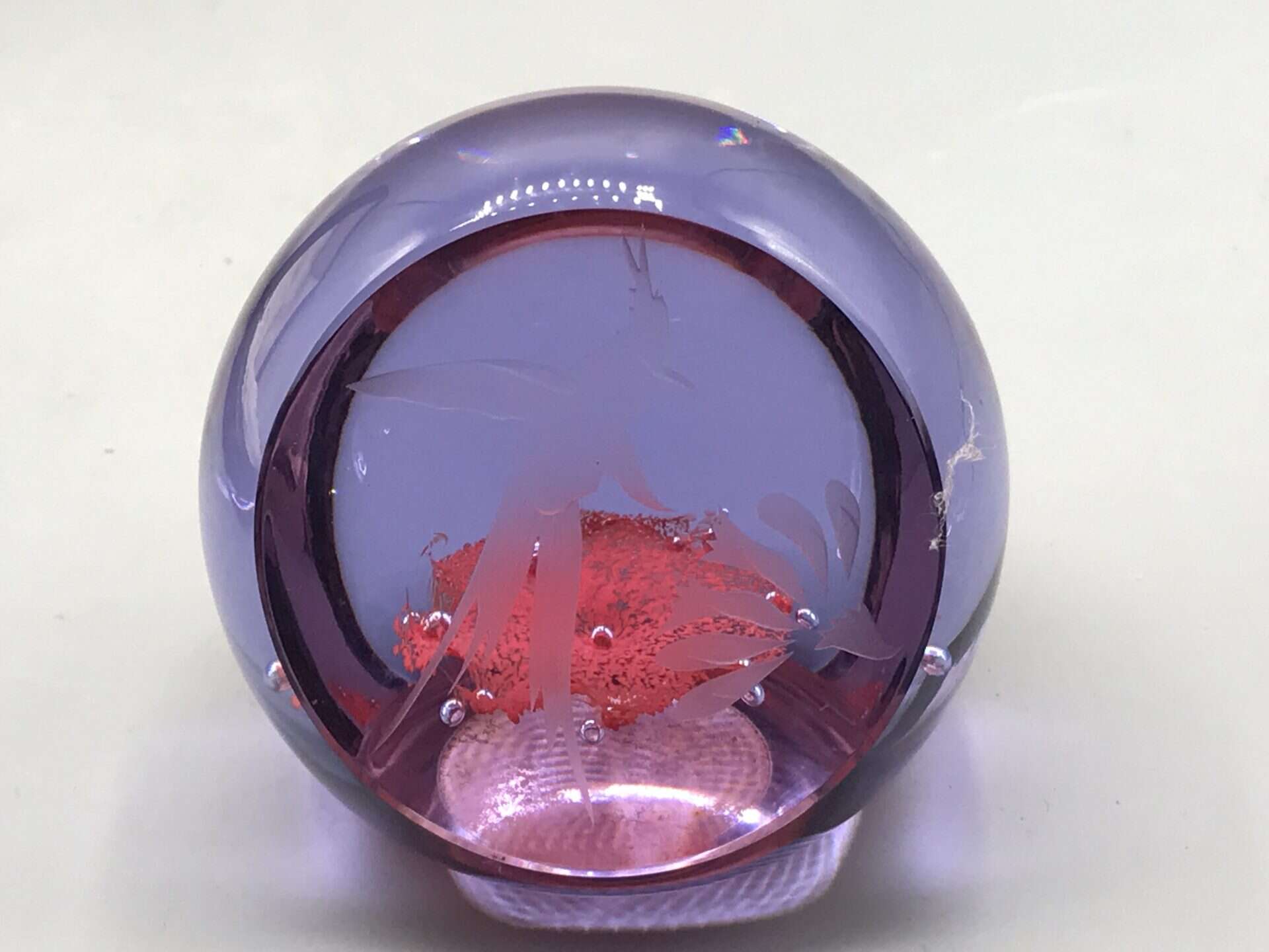 Front view of Caithness Glass hummingbird paperweight by Colin Terris, limited edition 293 of 1000, 3.5 inches diameter