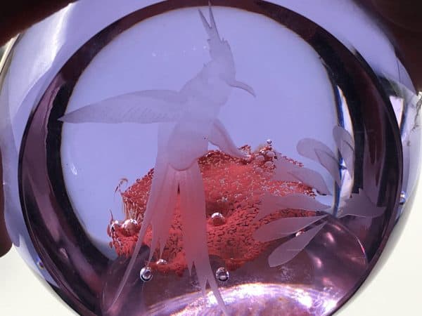 Close-up of hummingbird motif inside Caithness Glass paperweight, designed by Colin Terris, limited edition