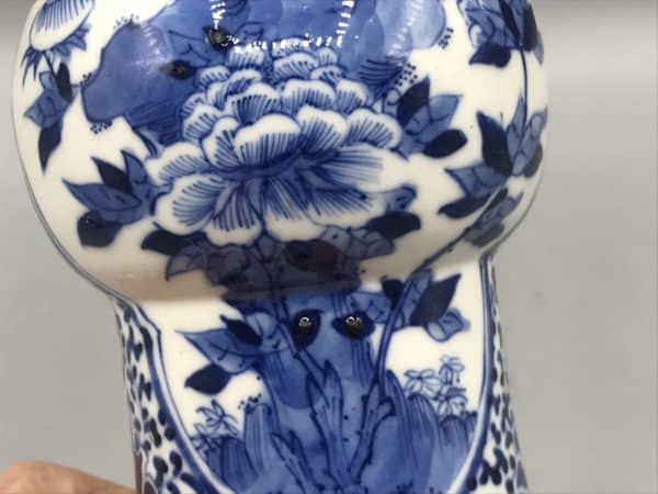 Close-up of peony floral decoration in underglaze blue on a late 19th century Chinese porcelain vase, Kangxi revival style