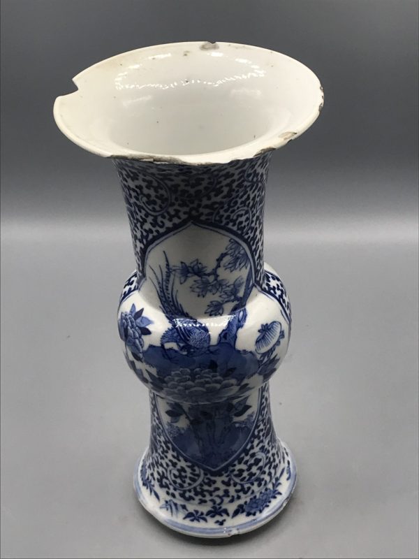 Elevated top-down view of a Kangxi revival porcelain gu-form beaker vase from the Guangxu period, showing flared rim and painted decoration