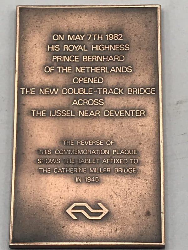 Bronze commemorative railway plaque marking the 1982 reopening of the IJssel Bridge near Deventer by Prince Bernhard of the Netherlands