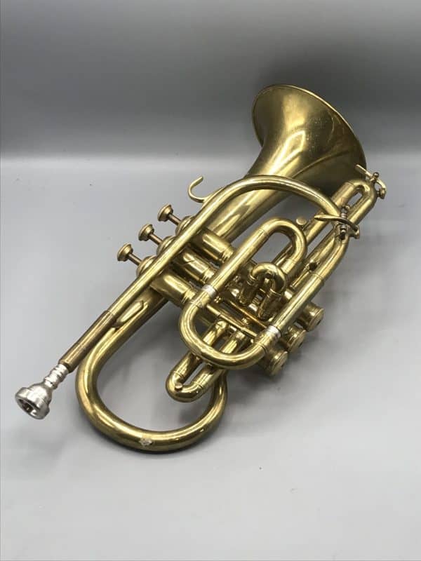Vintage brass cornet by Lark of Shanghai China, mid-20th century musical instrument, approximately 14 inches long