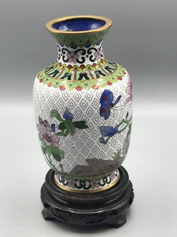 Back view of vintage Chinese cloisonné enamel vase with floral and butterfly design, approx. 7.5 inches tall