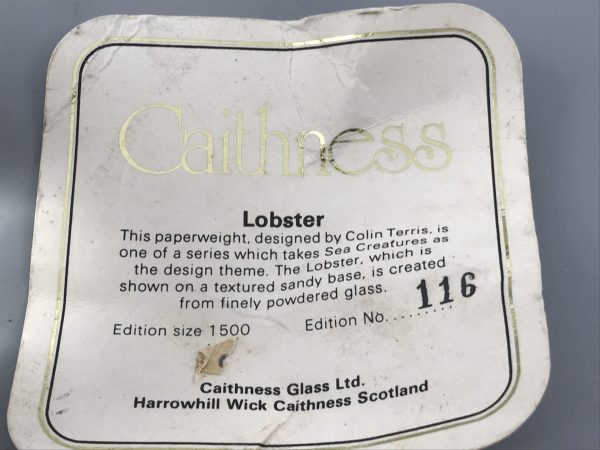 Close-up of original Caithness Glass certificate for Lobster paperweight, edition 116 of 1500
