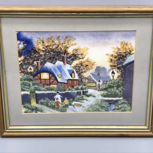 Watercolour Painting – Folk Art Winter Village, signed ‘Tom Menard’