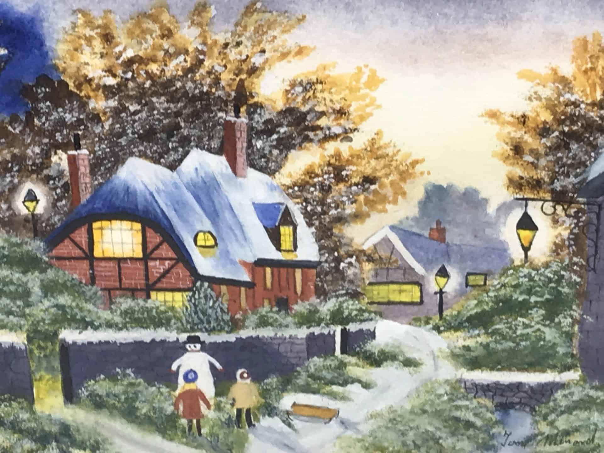 Close-up of watercolour winter village with children, snowman, lamplight and half-timbered cottage, signed “Tom Menard”; image 8.5 × 6.5 inches