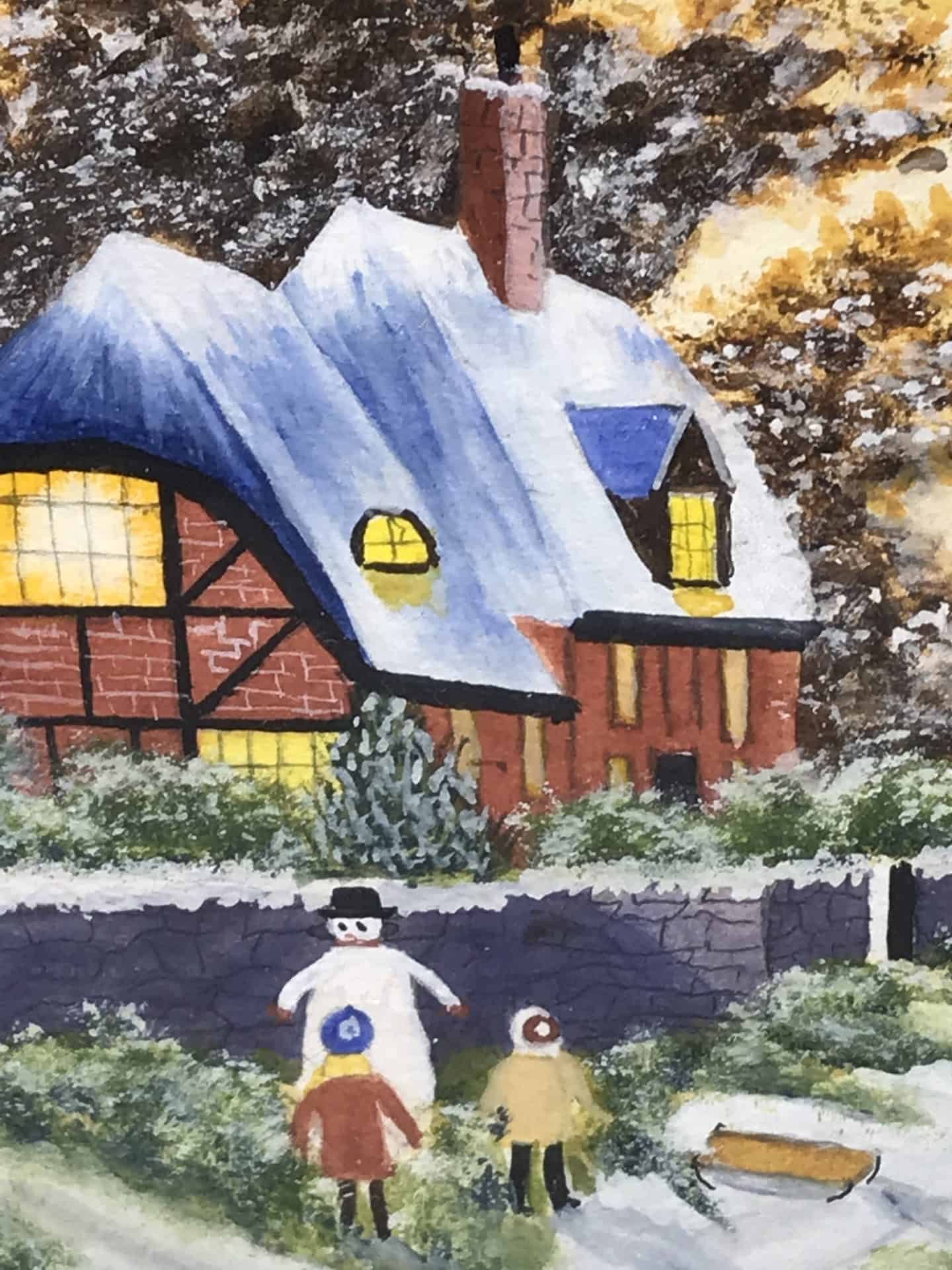 Close-up of children building a snowman beside a thatched cottage in a signed watercolour, English winter village scene