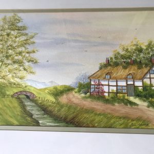 English Cottage Watercolour Painting – folk art, signed ‘Tom Menard’