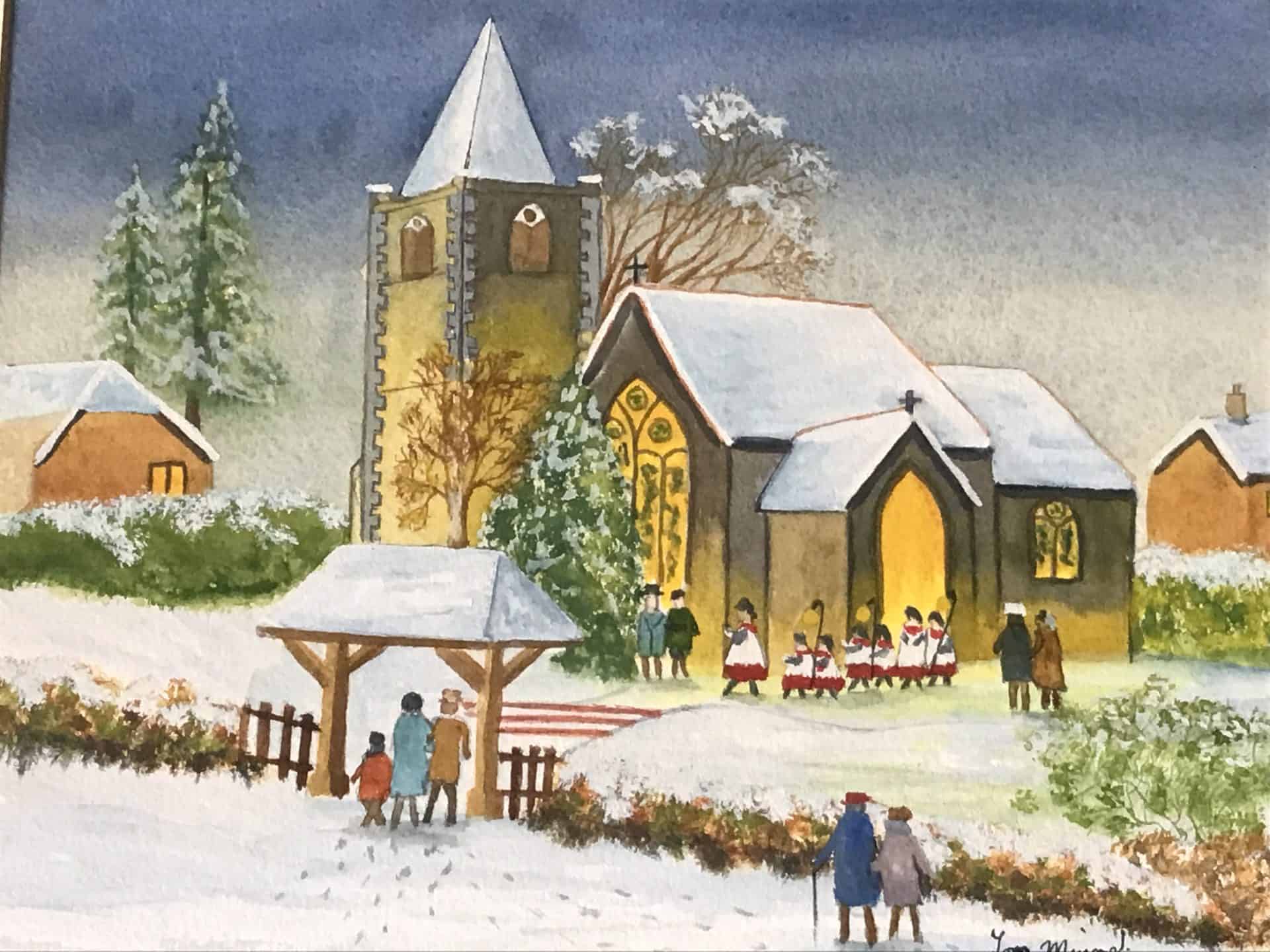 Close-up of English church snow scene watercolour with lychgate, choir procession and glowing porch, signed “Tom Menard”
