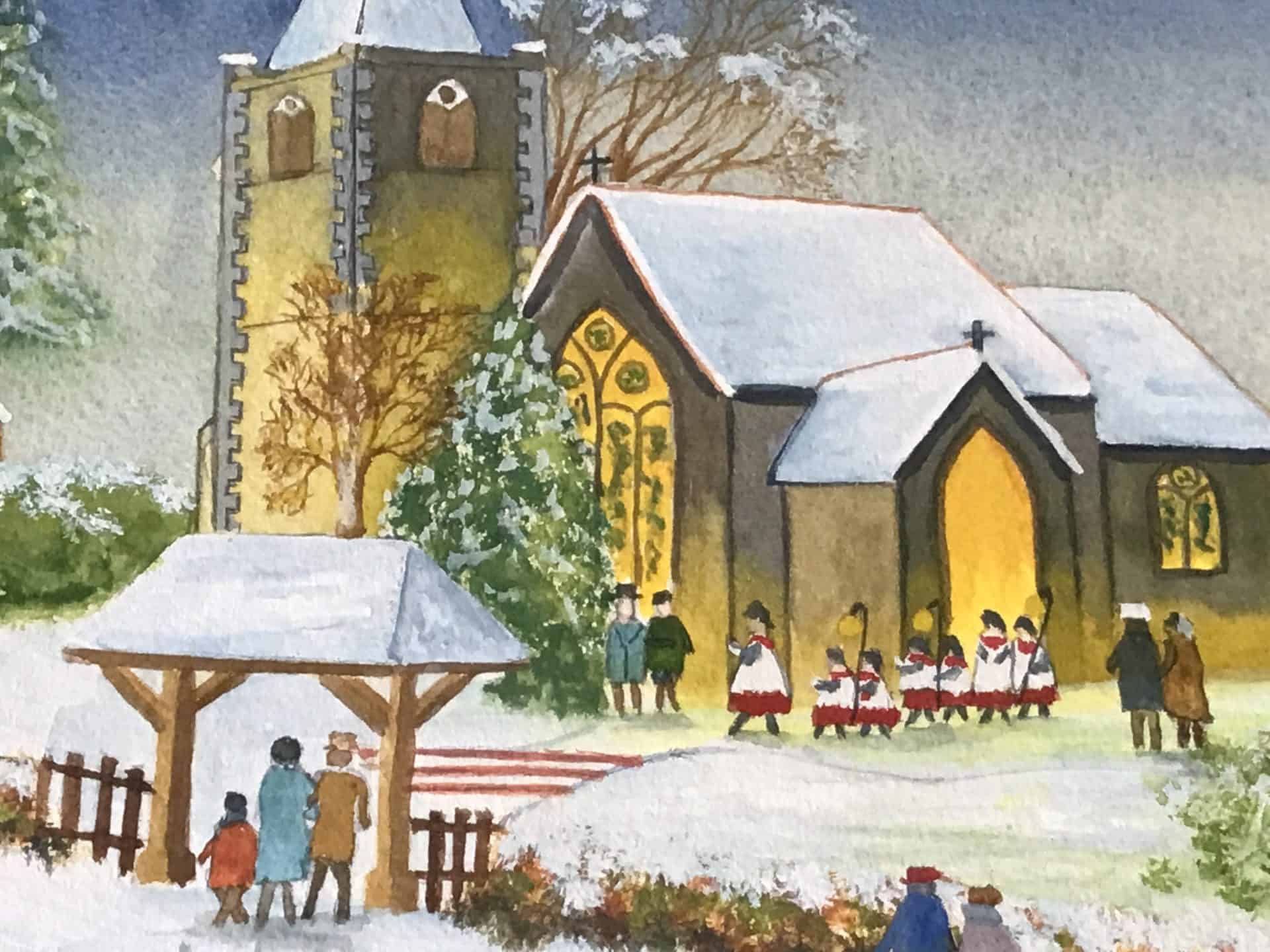 Close-up of English church snow scene watercolour with lychgate, square tower, glowing porch and choir procession; signed “Tom Menard”