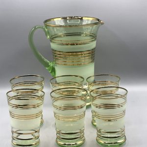 Green Glass Jug and Tumblers Set – Mid Century Gilded Band Barware
