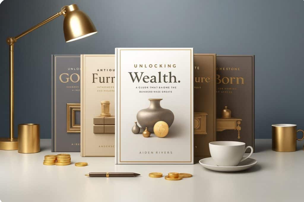Website homepage banner image promoting educational antique and collecting blogs, featuring styled books titled Unlocking Wealth, coins, a coffee cup, and a desk lamp in a modern flat-lay arrangement