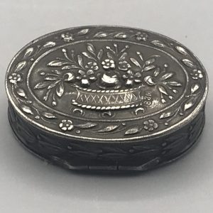 Antique 830 Silver Pill Box – Floral Basket Motif, Gilt Interior