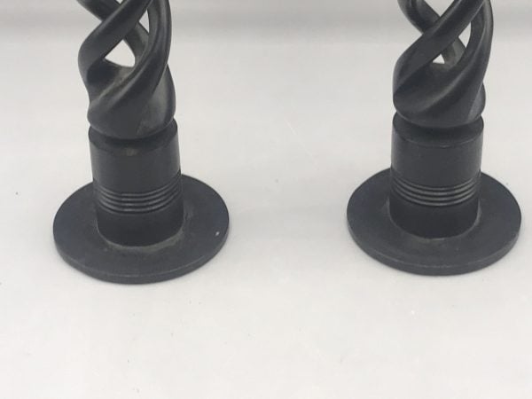 Base view of a pair of antique ebony barley twist candlesticks, Victorian open spiral design, 10.5 inches tall