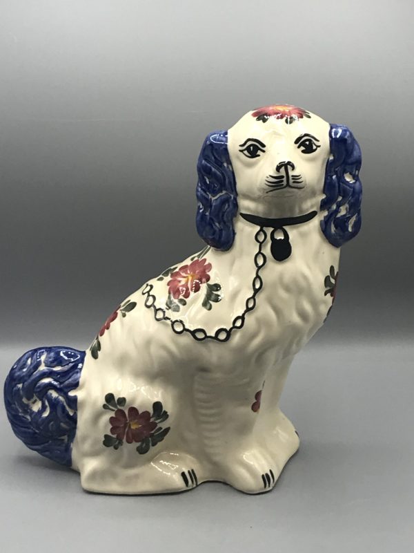 Single vintage Staffordshire spaniel dog by Siltone Pottery, hand painted ceramic figure with collar, chain, and floral decoration, measuring 11.5 inches tall, shown facing forward