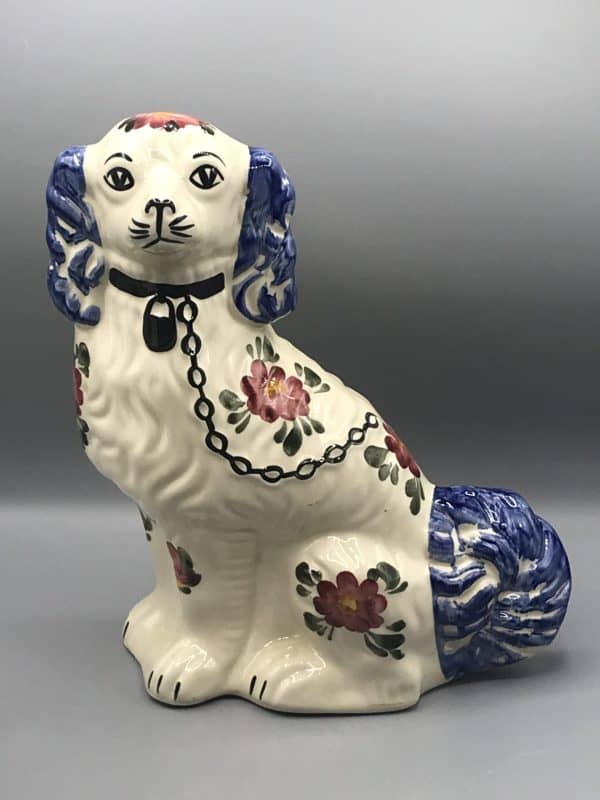 Single vintage Staffordshire spaniel dog by Siltone Pottery, ceramic figure with floral decoration, collar, and chain, measuring 11.5 inches tall, shown facing forward