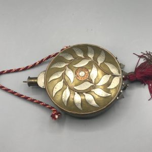 Antique Brass Moroccan Cantimplora Flask with Silver & Copper Inlay – Islamic Powder Flask