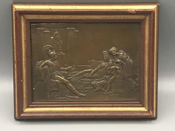 19th-century French bronze relief plaque depicting Offrande à l’Amour, after Clodion, signed Aimé-Decoin, framed in giltwood, measuring approximately 6.5 by 5.5 inches.