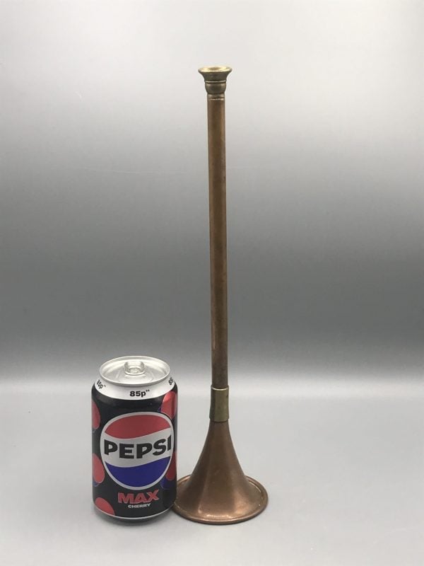 Vintage copper and brass hunting horn measuring 13.25 inches long displayed beside a standard can of Pepsi for size comparison