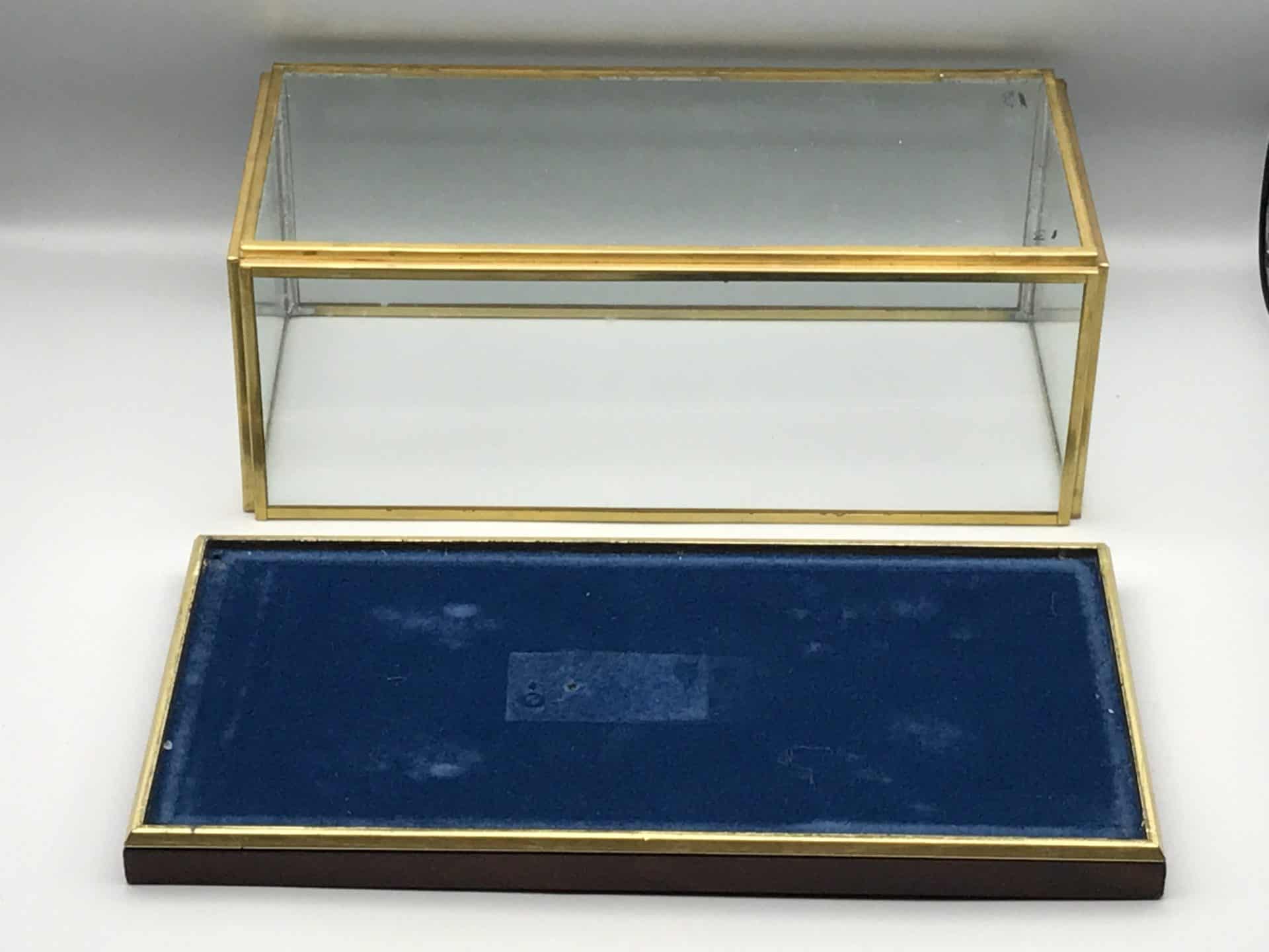 Open brass and glass display case with removable blue velvet base for Danbury Mint 1938 Rolls-Royce Phantom III model car