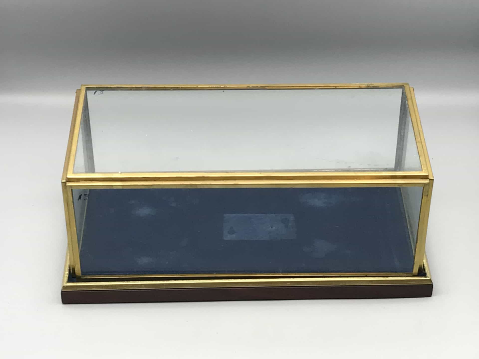 Brass and glass display case with blue velvet base for Danbury Mint 1938 Rolls-Royce Phantom III model car