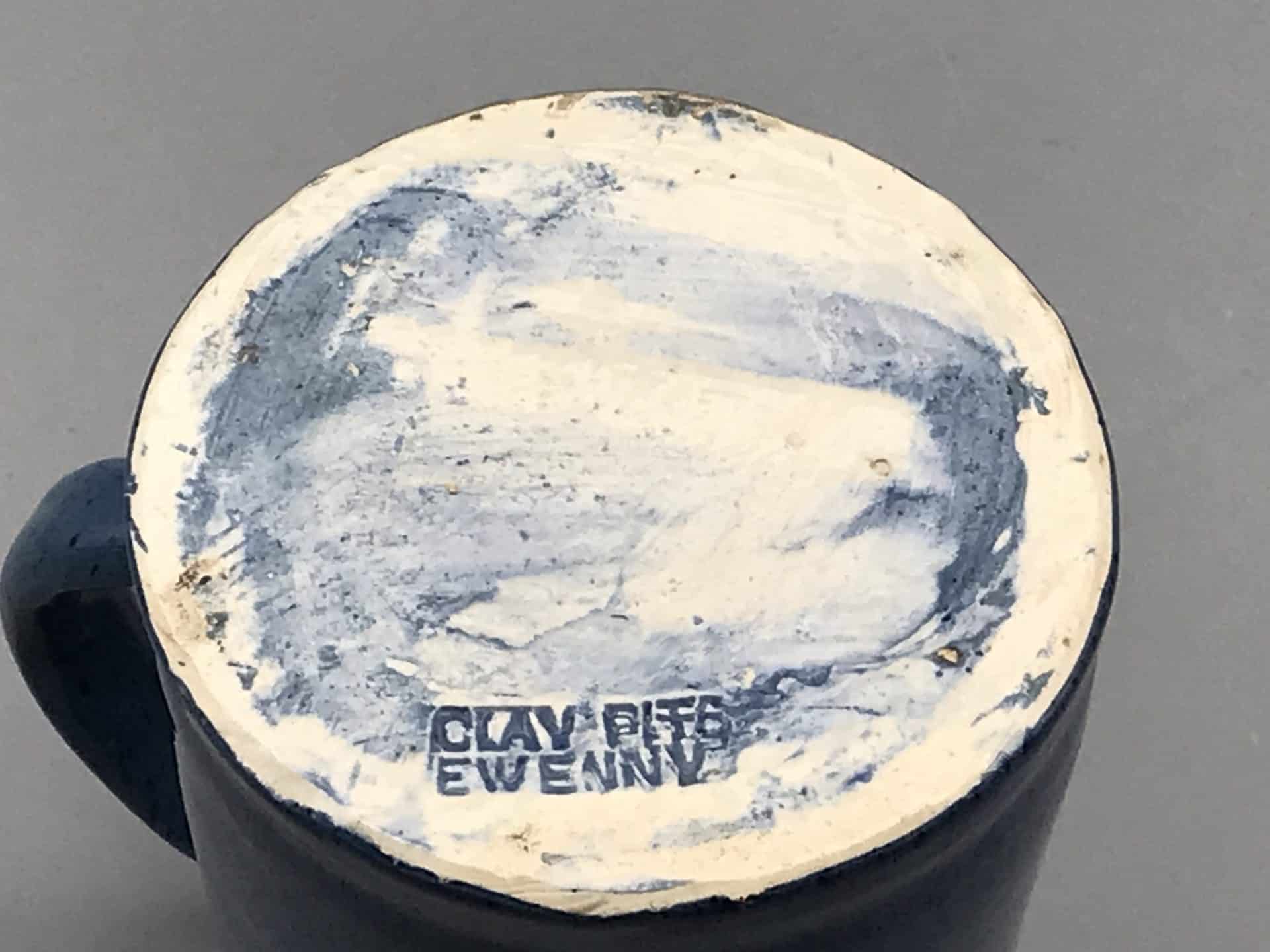 Base of Claypits Pottery Ewenny blue stoneware tankard showing impressed maker’s mark.