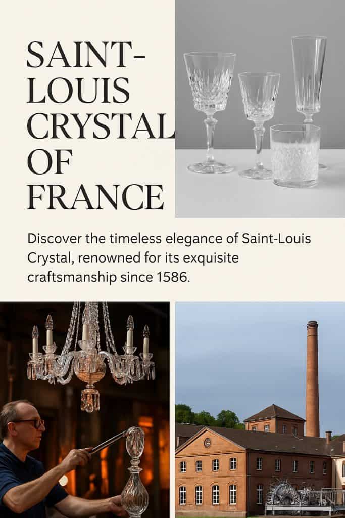 Saint-Louis Crystal of France Pinterest graphic featuring elegant stemware, a crystal chandelier, a craftsman at work, and the historic Saint-Louis glassworks in France.
