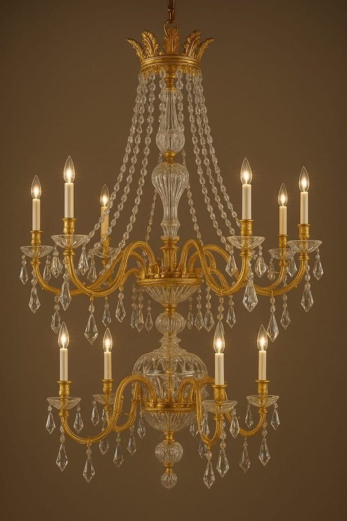 Saint-Louis crystal chandelier with gold accents, candle-style lights, and cascading hand-cut crystal prisms.