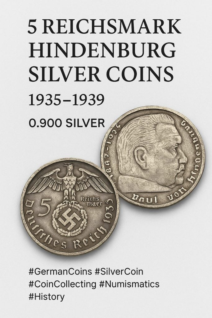 Pinterest image featuring 1935–1939 German 5 Reichsmark Hindenburg silver coins in 0.900 silver, obverse and reverse sides displayed