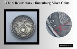 Thumbnail for article “The 5 Reichsmark Hindenburg Silver Coins,” showing 1936 German 5 Reichsmark silver coin and close-up of “D” mint mark for Munich