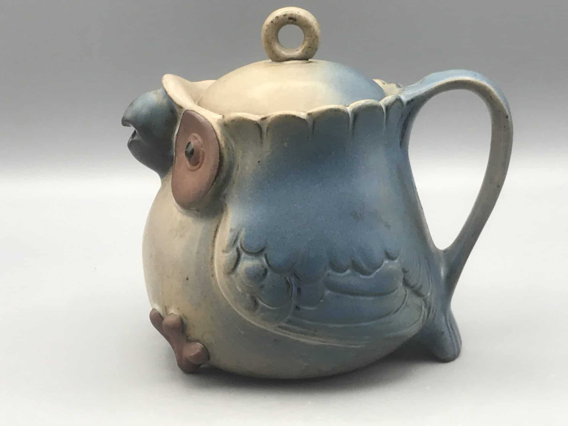Vintage Kashiwa Craft Seto ware owl teapot made from red clay with matte blue and beige glaze, standing 5.5 inches tall