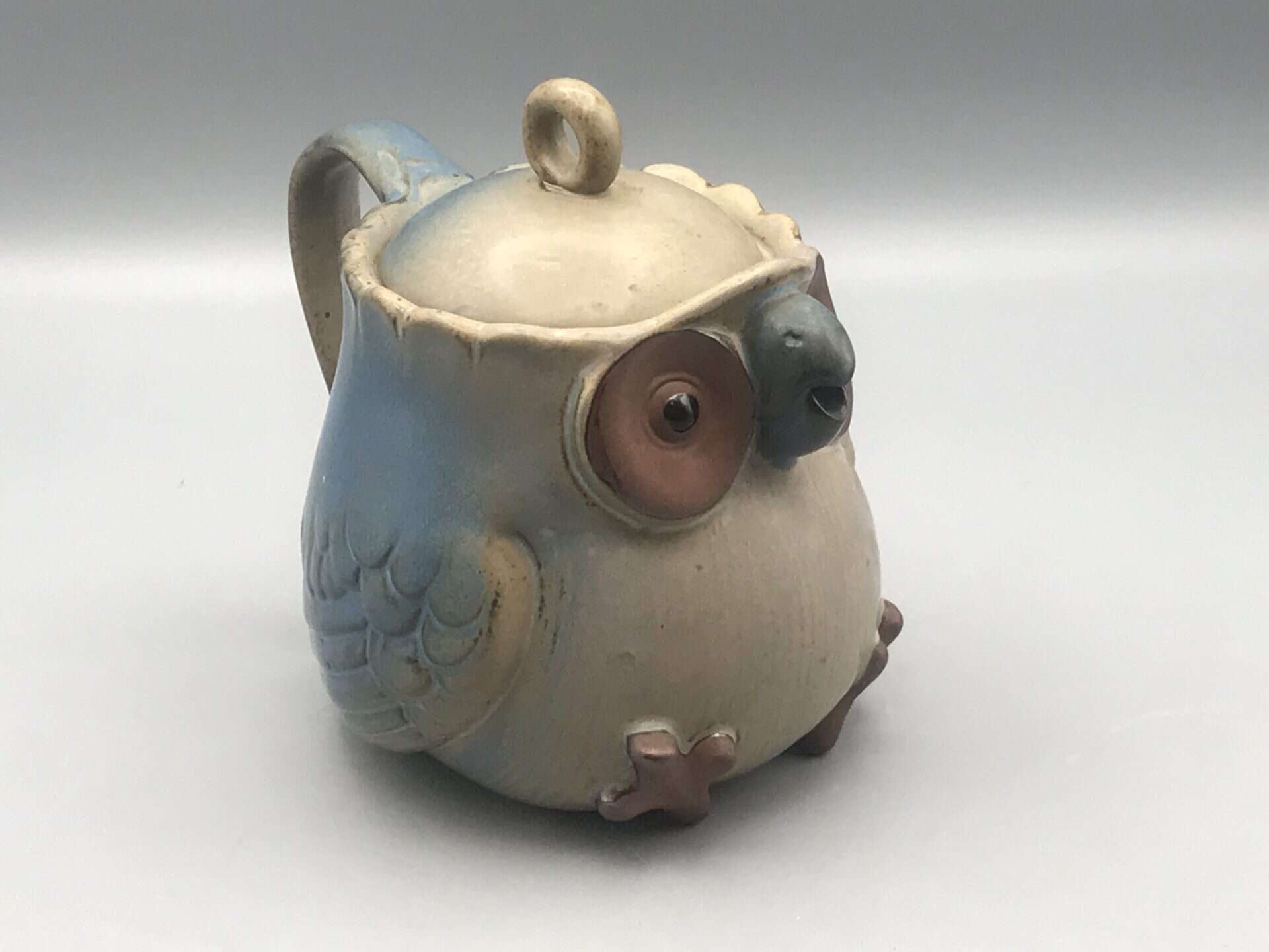 Japanese Kashiwa Craft Seto ware owl teapot in stoneware with matte glaze and loop lid handle, 5.5 inches tall