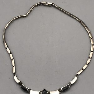 Sterling Silver Necklace with Onyx and Mother of Pearl Inlay – 925 Stamped