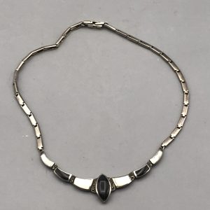 Sterling Silver Necklace with Onyx and Mother of Pearl Inlay – 925 Stamped