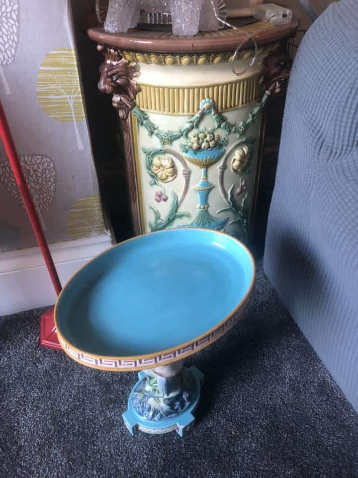 Two Victorian Minton majolica pieces showing correct period colour palettes