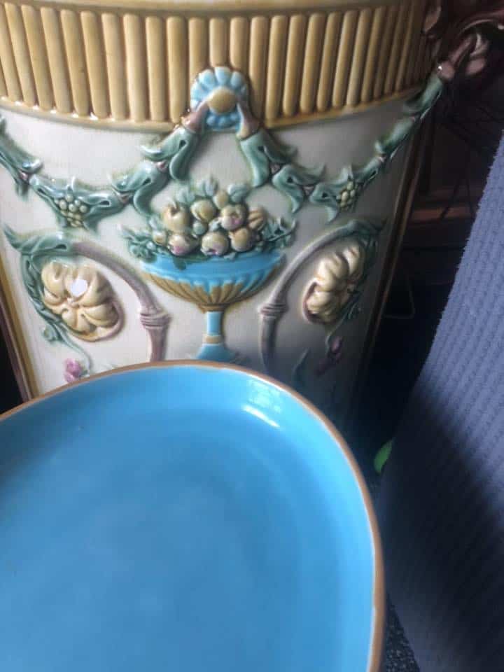 Comparison of Minton majolica pieces showing matching Victorian colour palette and glaze tones
