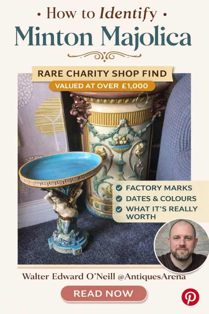 Rare Victorian Minton majolica centrepiece discovered in a charity shop, showing authentic colours, modelling, and factory marks.