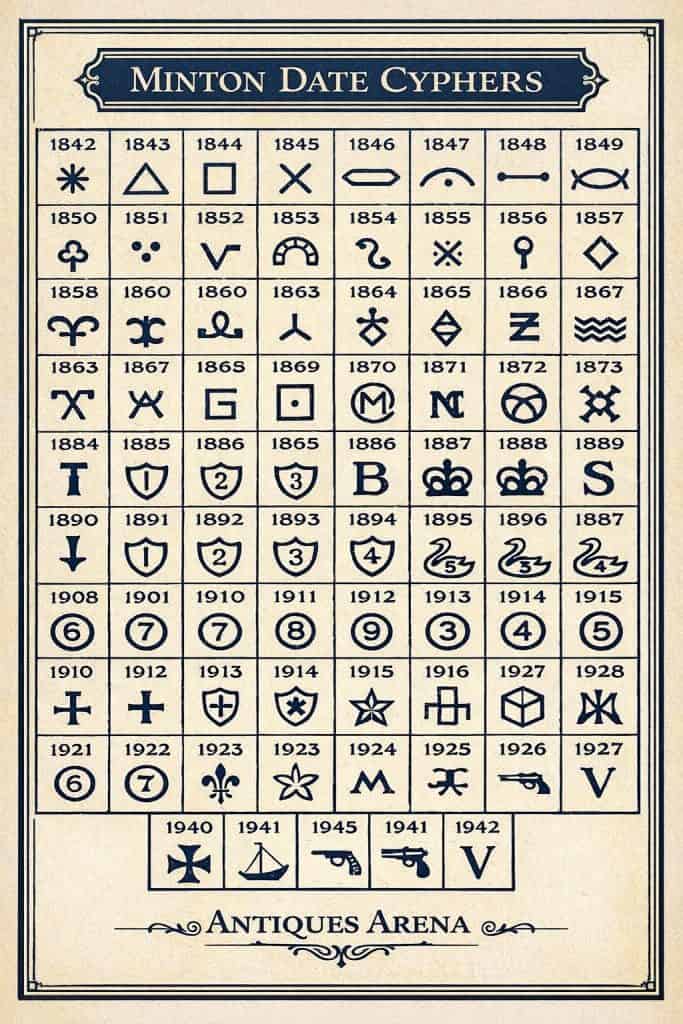 Minton majolica date cyphers chart showing Victorian and early 20th century factory symbols used to date genuine Minton pottery