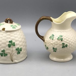 Belleek porcelain jug and sugar bowl third period mark