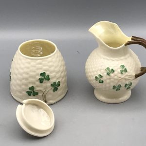 Belleek porcelain jug and sugar bowl third period mark